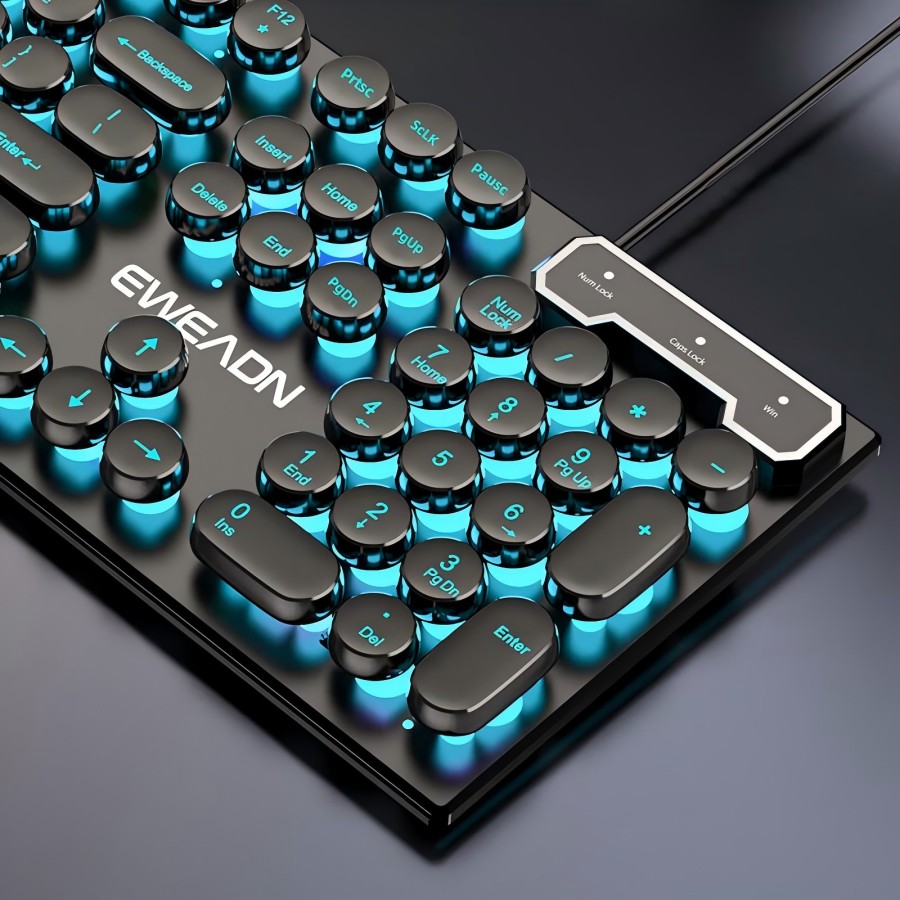 Pc Gaming Keyboards - EWEADN タイプライターゲーミングキーボード、104キー、レトロパンクラウンドキーキャップ、ブルーバックライト、USB有線、Windows PC/ラップトップ用